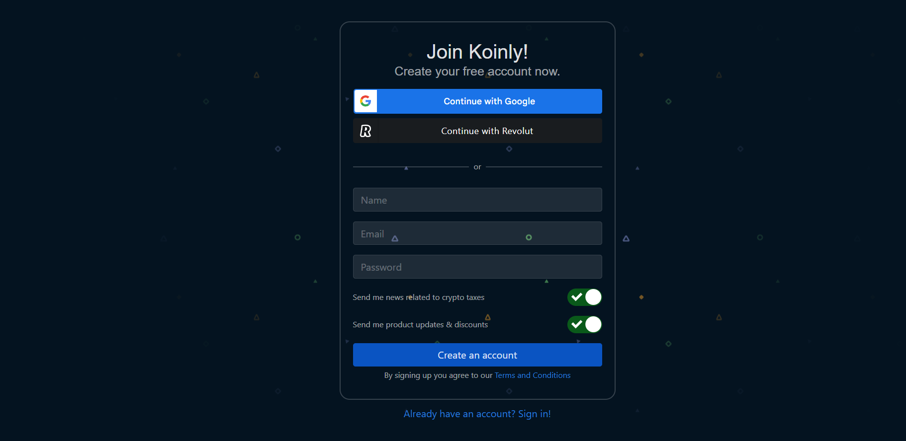 Koinly 免费账户注册页面,提供 Google、Revolut 和电子邮件注册选项。
