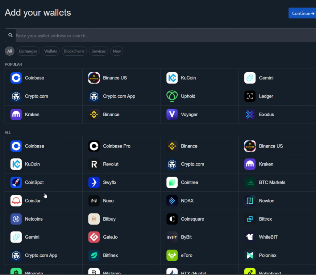 Koinly 钱包连接屏幕显示 800 多家支持的交易所,包括 Coinbase、Binance、Kraken 和 Gemini。