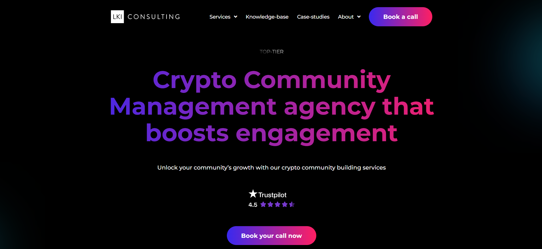 LKI Consulting homepage presenting crypto community management agency services with 4.5 Trustpilot rating for Web3 engagement growth.