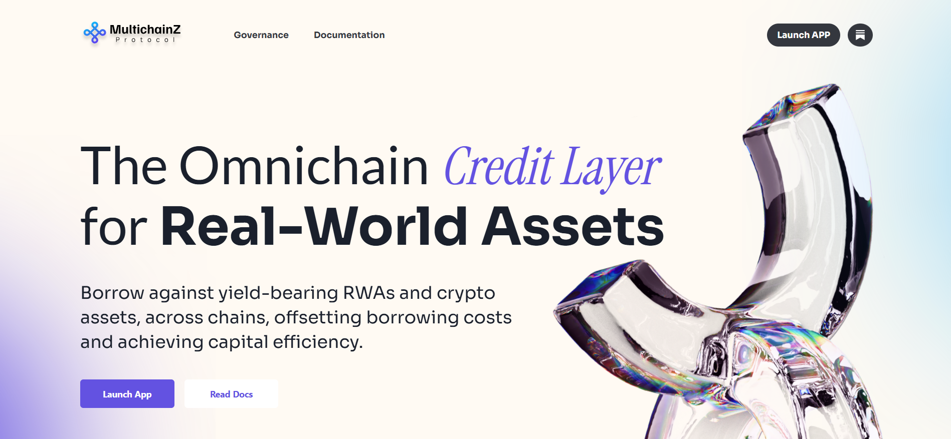 Multichainz Protocol omnichain credit layer homepage for real-world asset lending across multiple blockchain networks.