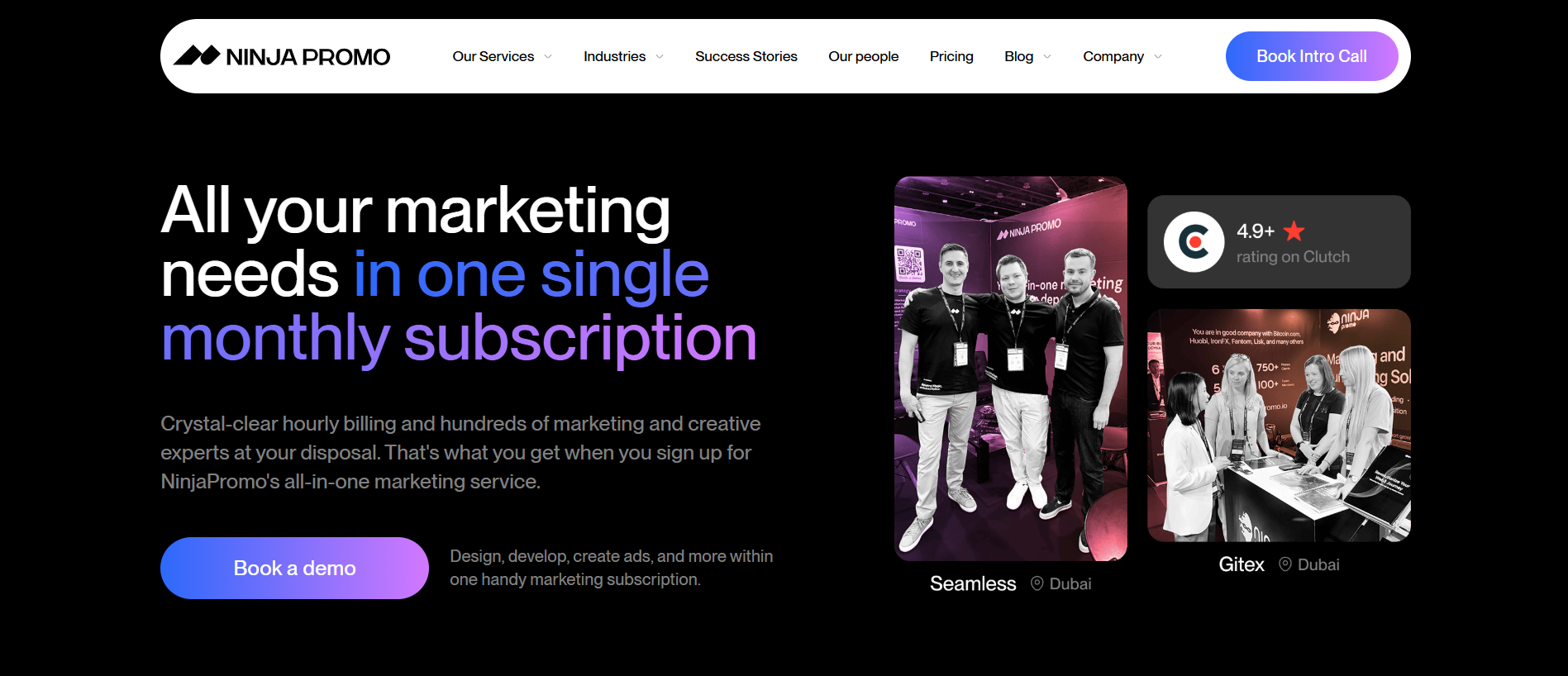 NinjaPromo subscription-based full service marketing agency with 4.9 Clutch rating and global presence.