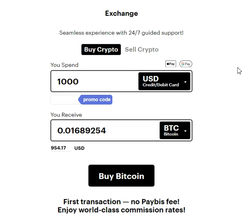 A interface de troca Paybis apresenta uma conversão de $1000 USD para 0.01689254 BTC com uma promoção de primeira transação sem taxas.