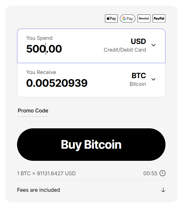 Calculadora de criptomoedas Paybis que mostra 500 USD a comprar 0,00520939 BTC com vários métodos de pagamento, incluindo Apple Pay e Google Pay.