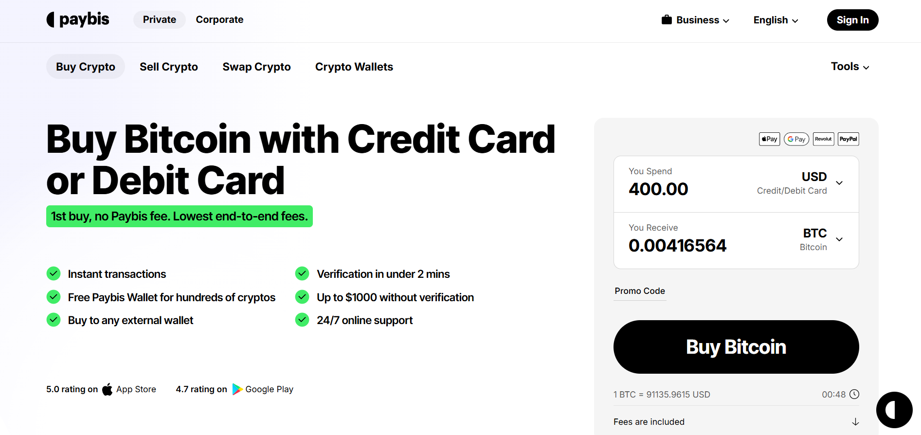A página inicial do Paybis mostra a calculadora de conversão de $400 USD para Bitcoin com opções de pagamento com cartão de crédito e isenção da taxa de primeira transação.
