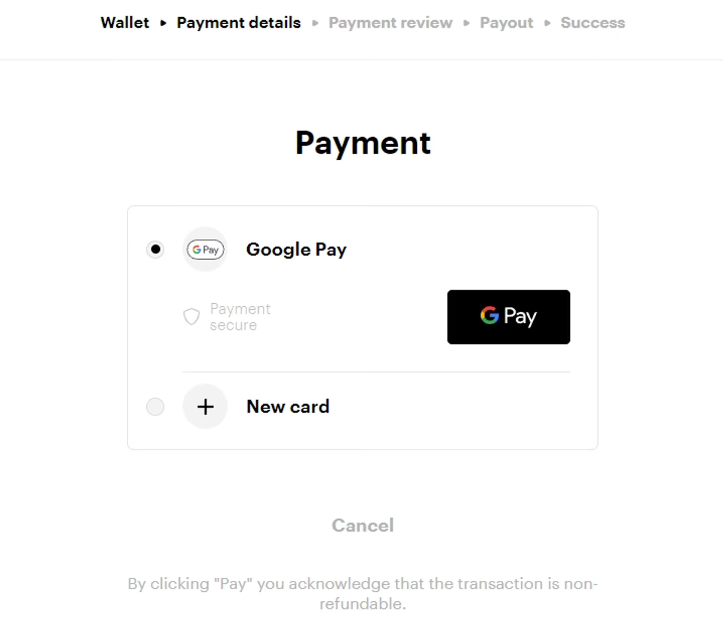 Opção de pagamento Google Pay na página de pagamento do Paybis para comprares Bitcoin com cartão de crédito ou cartão de débito.