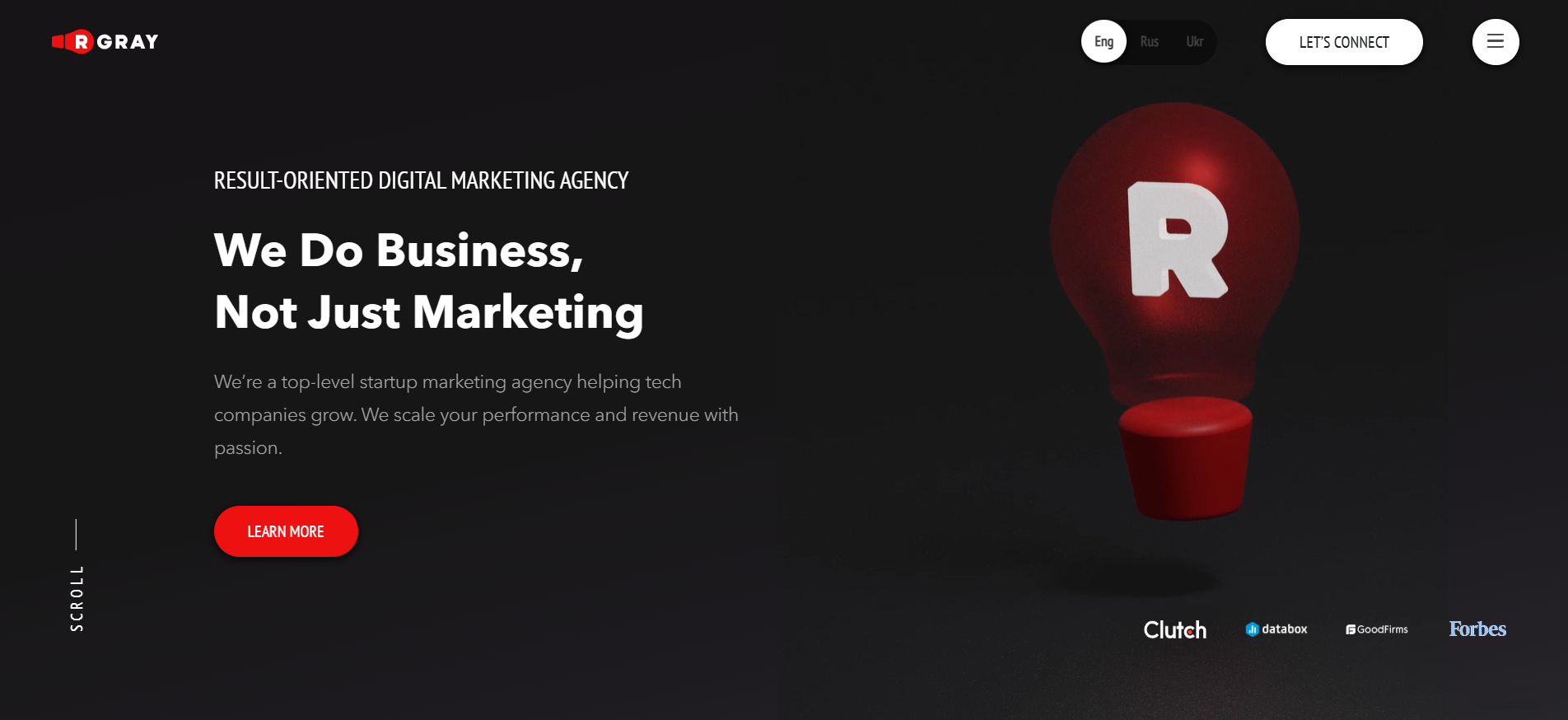 RGray result-oriented digital marketing agency homepage featuring PPC services for tech startups and crypto projects.