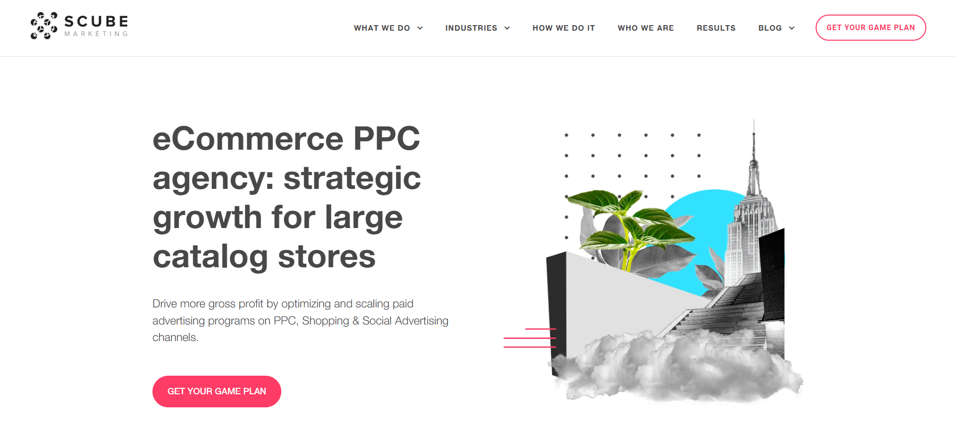 SCUBE Marketing eCommerce PPC agency homepage showcasing strategic growth services for large catalog stores.