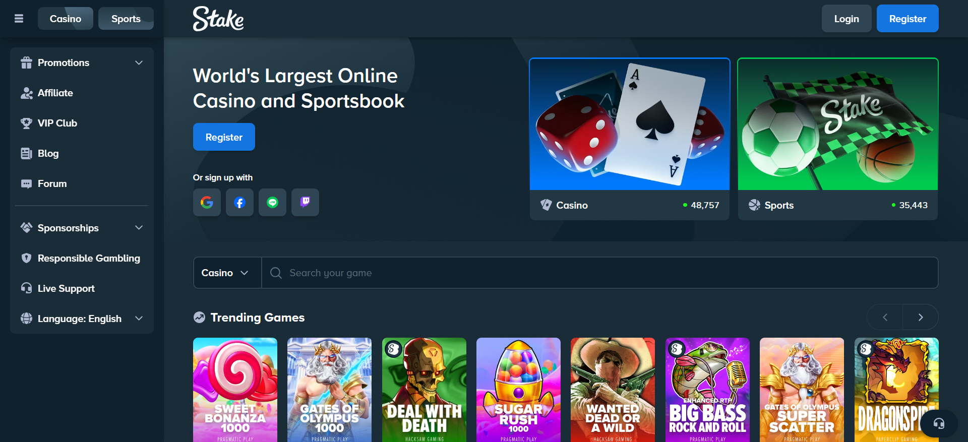 Die Homepage von Stake.com zeigt die Krypto-Casino- und Sportwetten-Oberfläche mit den aktuellen Spielen, dem VIP-Club und dem Partnerprogramm für Benutzer mit dem Empfehlungscode ICODA.