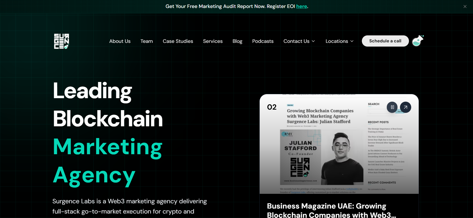 Surgence Labs full service marketing agency homepage featuring go-to-market execution for blockchain companies.