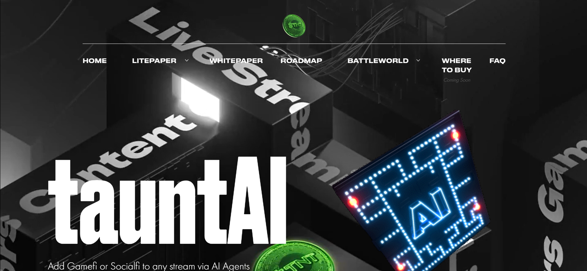 tauntAI SocialFi and GameFi streaming platform homepage integrating AI agents for tokenized engagement crypto presale.