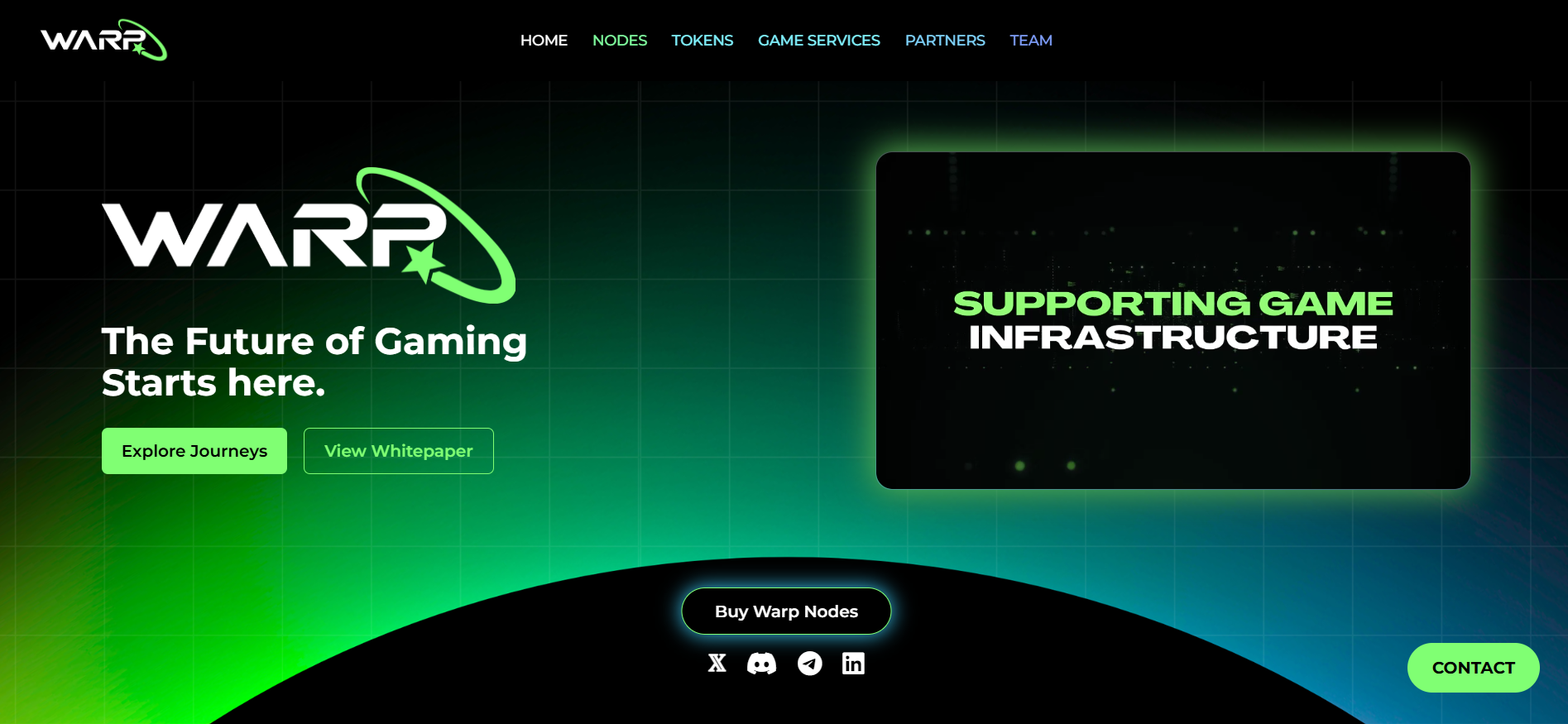 WARP gaming Layer 1 blockchain homepage supporting game infrastructure on Avalanche network for Web3 developers.