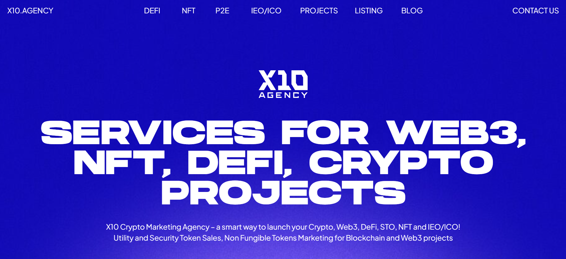X10 Agency Web3 NFT DeFi and crypto marketing homepage offering pay per click company services for blockchain projects.