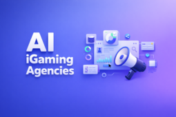 Bold ‘AI iGaming Agencies’ text with soft 3D marketing dashboard and megaphone in blue-purple tech style.