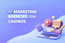 Soft 3D illustration in a blue and purple tech palette showing a laptop with floating casino chips, coins, and content icons, alongside bold text reading “AI Marketing Agencies for Casinos,” with “AI” and “Agencies” highlighted.