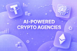 Soft 3D illustration in a blue-to-light-purple gradient showing centered text ‘AI-POWERED CRYPTO AGENCIES’