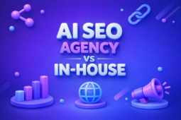 Smooth 3D illustration in a blue and purple tech palette with rounded shapes, showing the centered text ‘AI SEO Agency vs In-House’ on a soft gradient background with subtle digital marketing icons.