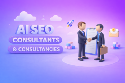 3D illustration of AI SEO consultants shaking hands with contract clipboard and SEO icons on a blue-purple gradient background