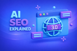 Soft 3D illustration of an AI SEO concept with rounded browser window, globe icon labeled 3.0, and bold ‘AI SEO Explained’ text on a blue and purple tech-themed background.