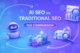 3D illustration comparing AI SEO and traditional SEO with ROI comparison, showing growth charts, analytics icons, and AI elements on a blue-purple gradient background.