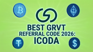 Code de référence GRVT Bannière promotionnelle ICODA avec les icônes Bitcoin, Ethereum, Tether et USD.