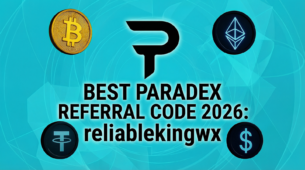 Melhor código de referência Paradex 2026 reliablekingwx com ícones Bitcoin, Ethereum, Tether e USDC para bónus XP e DIME airdrop.