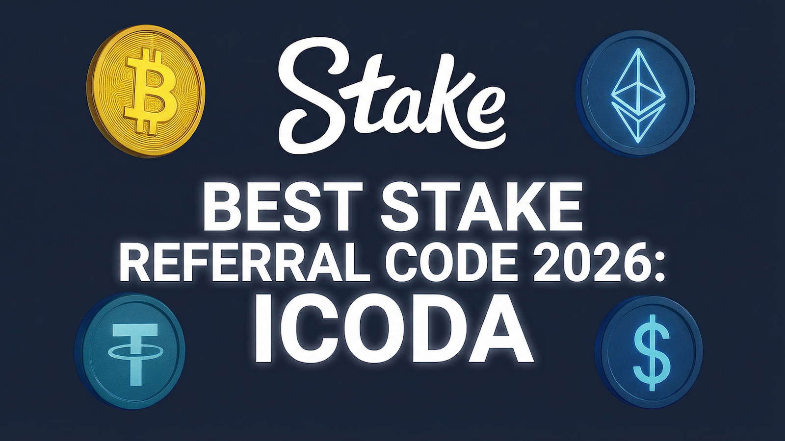 Stake.com Referral Code ICODA 2026 Werbebanner mit Bitcoin, Ethereum, Tether und USD Krypto-Symbolen für Casino und Sportwetten Bonus.