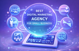 Best digital marketing agency for small business infographic featuring analytics dashboards, growth charts, SEO metrics, and global reach icons for Web3 and crypto project marketing.