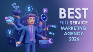 Best full service marketing agency for crypto projects 2026 featuring multitasking marketer with analytics charts megaphone and financial tools.