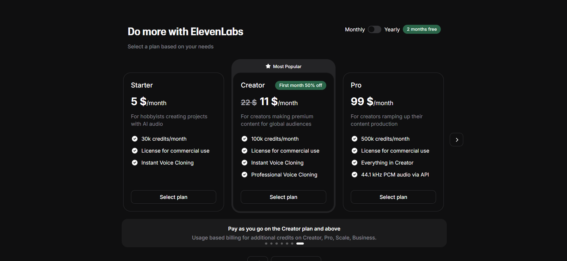  ElevenLabs 定价页面详细介绍了入门版、创作版和专业版订阅计划。