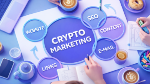 Crypto marketing agency services diagram showing key channels including SEO, content, email, website, and link building for blockchain projects.