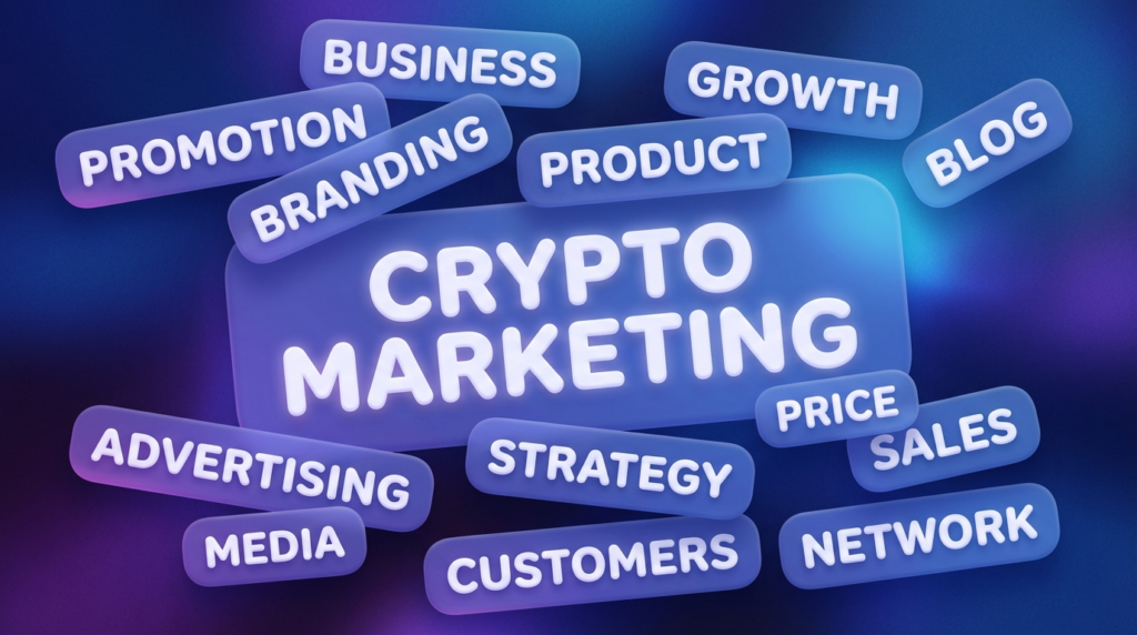 Crypto marketing services word cloud showing full service marketing firm capabilities including branding strategy advertising growth and promotion.