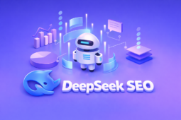 3D illustration of an AI robot with analytics charts and a whale logo next to DeepSeek SEO text on a blue and purple background