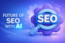Soft 3D illustration of a magnifying glass and gear with SEO text, in blue and purple tech palette. Title reads “Future of SEO with AI,” with AI highlighted and glowing.