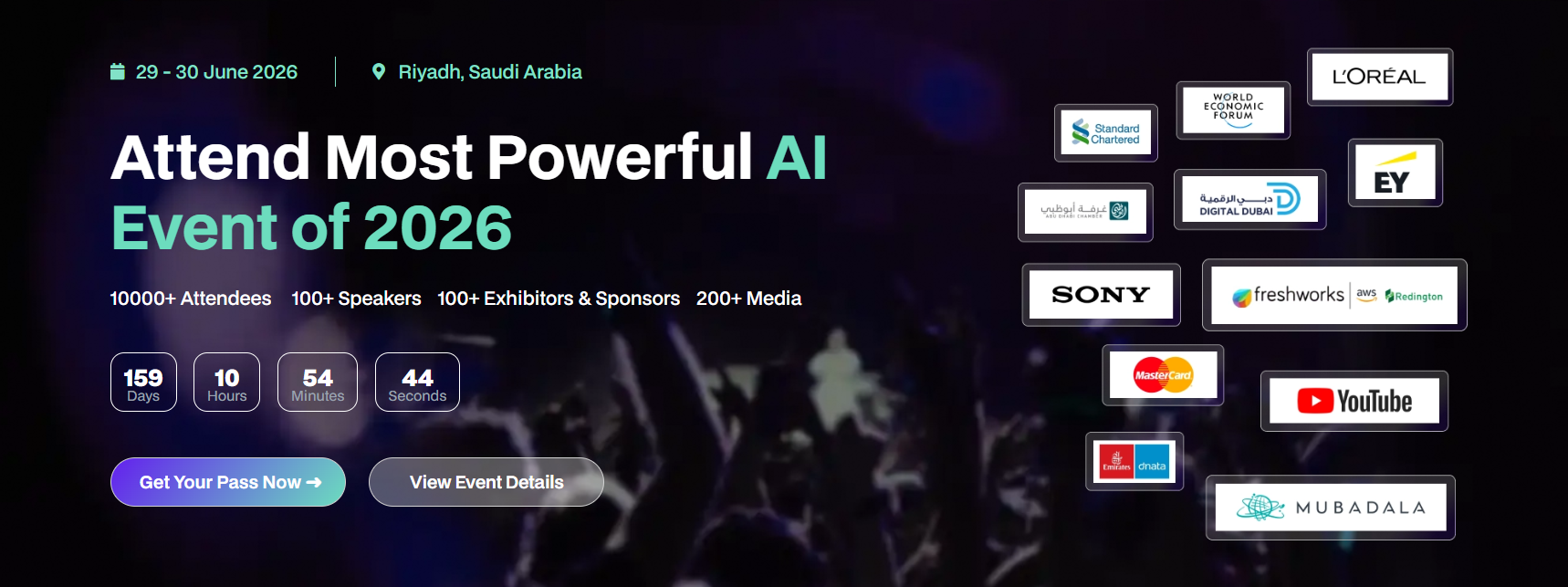 المعرض العالمي للذكاء الاصطناعي في الرياض يونيو 2026 - قمة الذكاء الاصطناعي العالمية التي يشارك فيها رعاة من سوني وماستركارد ومبادلة وإرنست ويونغ. أكثر من 10,000 مشارك وأكثر من 100 عارض في المملكة العربية السعودية. 