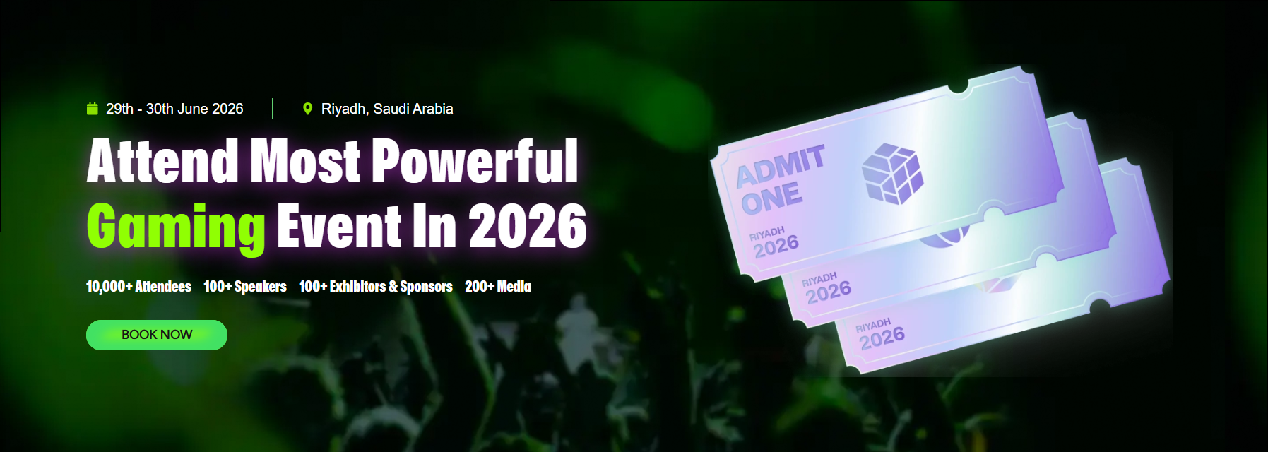 معرض الرياض العالمي للألعاب الإلكترونية في يونيو 2026 - أقوى حدث للألعاب والرياضات الإلكترونية بحضور أكثر من 10,000 شخص وأكثر من 100 متحدث وأكثر من 200 شريك إعلامي في المملكة العربية السعودية.