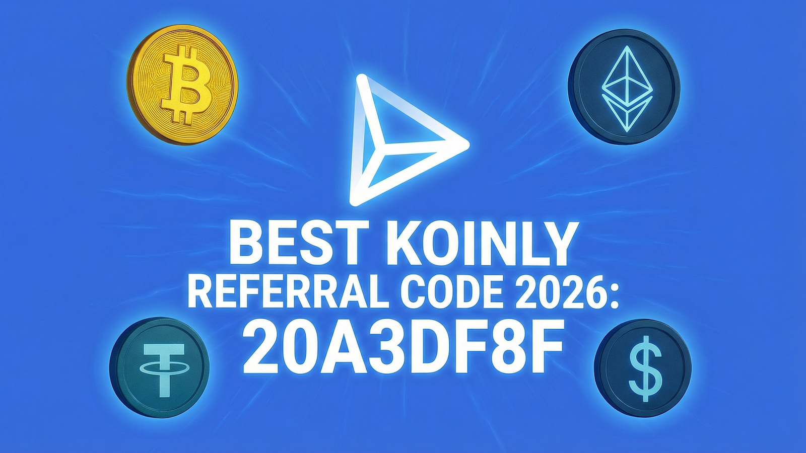 Koinly Empfehlungscode 20A3DF8F mit Koinly-Logo, umgeben von Bitcoin-, Ethereum-, Tether- und USD-Münzsymbolen auf blauem Hintergrund.