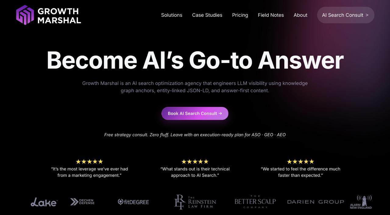  成长元帅主页显示 B2B 技术 GEO 框架，具有 15×AI 可见性增加案例研究和 LLM 幻觉监测功能