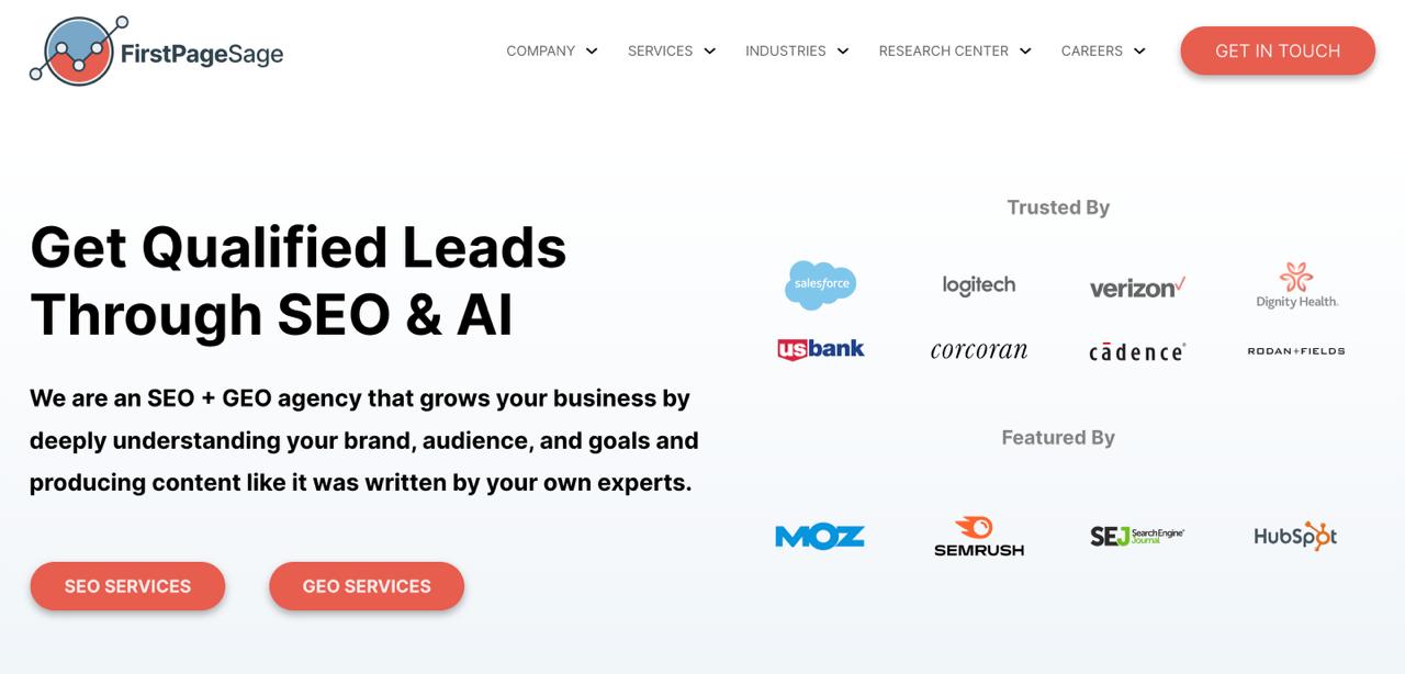 First Page Sage 主页为包括 Salesforce 和 SoFi 在内的企业 SaaS 客户介绍内容优先的生成引擎优化方法
