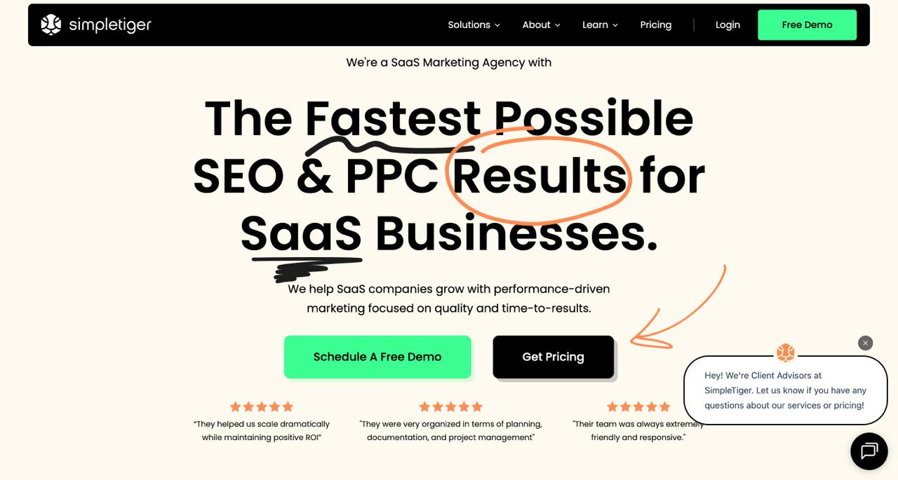 SimpleTiger 主页以 AI 优先 SEO 系统为特色，用于扩展 SaaS 平台，对 200 个排名因素进行机器学习分析，以快速洞察问题