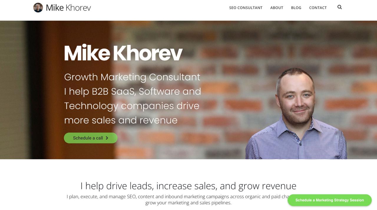 Mike Khorev consulting services homepage showcasing expertise in answer engine optimization and ChatGPT SEO strategies for tech companies