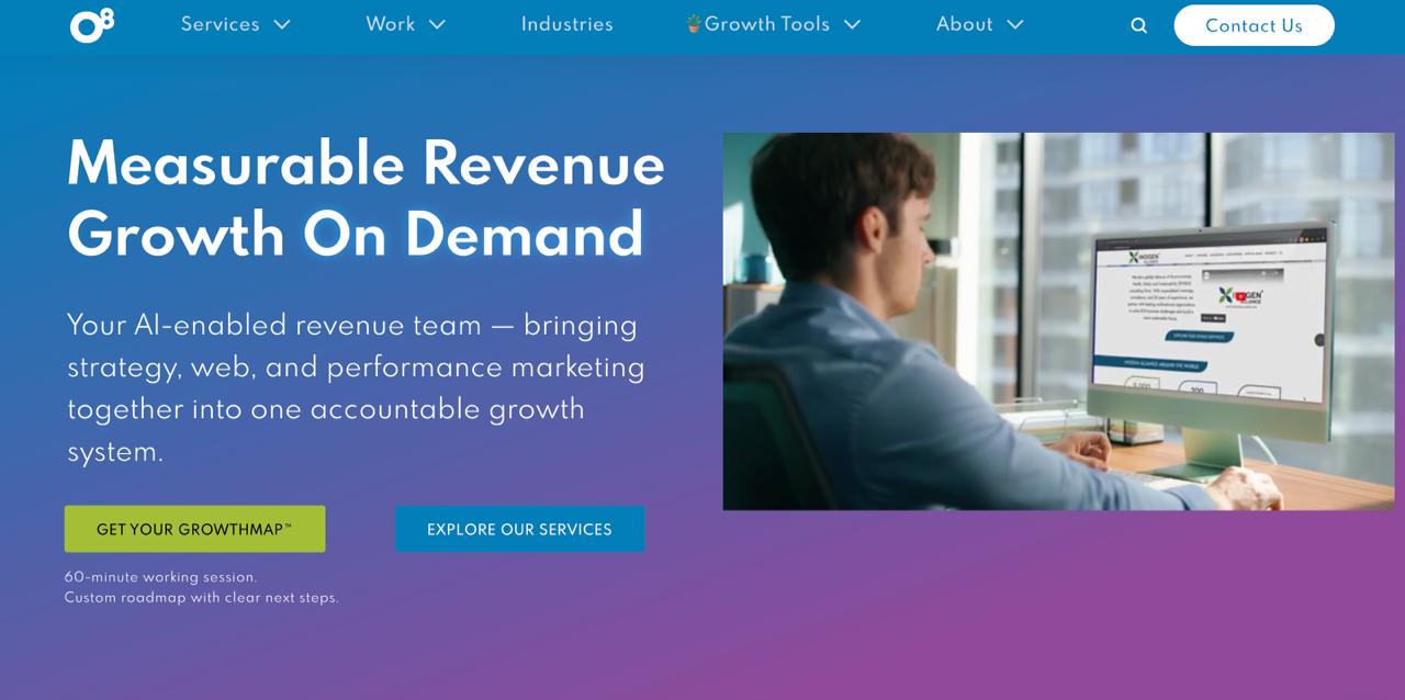 O8 Agency homepage featuring comprehensive answer engine optimization services and data-driven generative search strategies for Fortune 500 companies