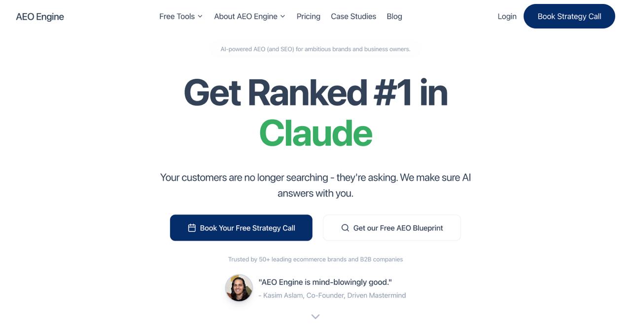 AEO Engine platform homepage showcasing automated answer engine optimization for ChatGPT, Perplexity, and Google AI Overviews with 920% growth claims