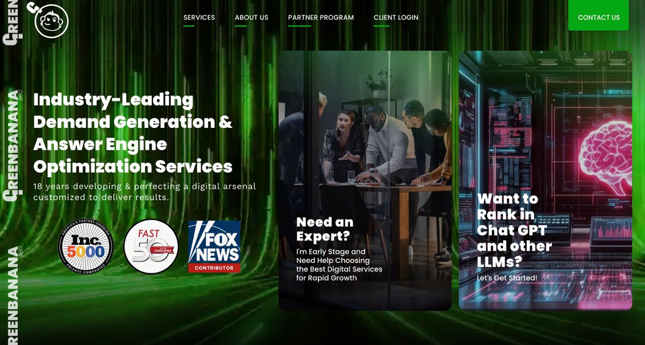 GreenBanana SEO agency homepage featuring proprietary AI ranking analysis tools and comprehensive generative engine optimization for competitive markets