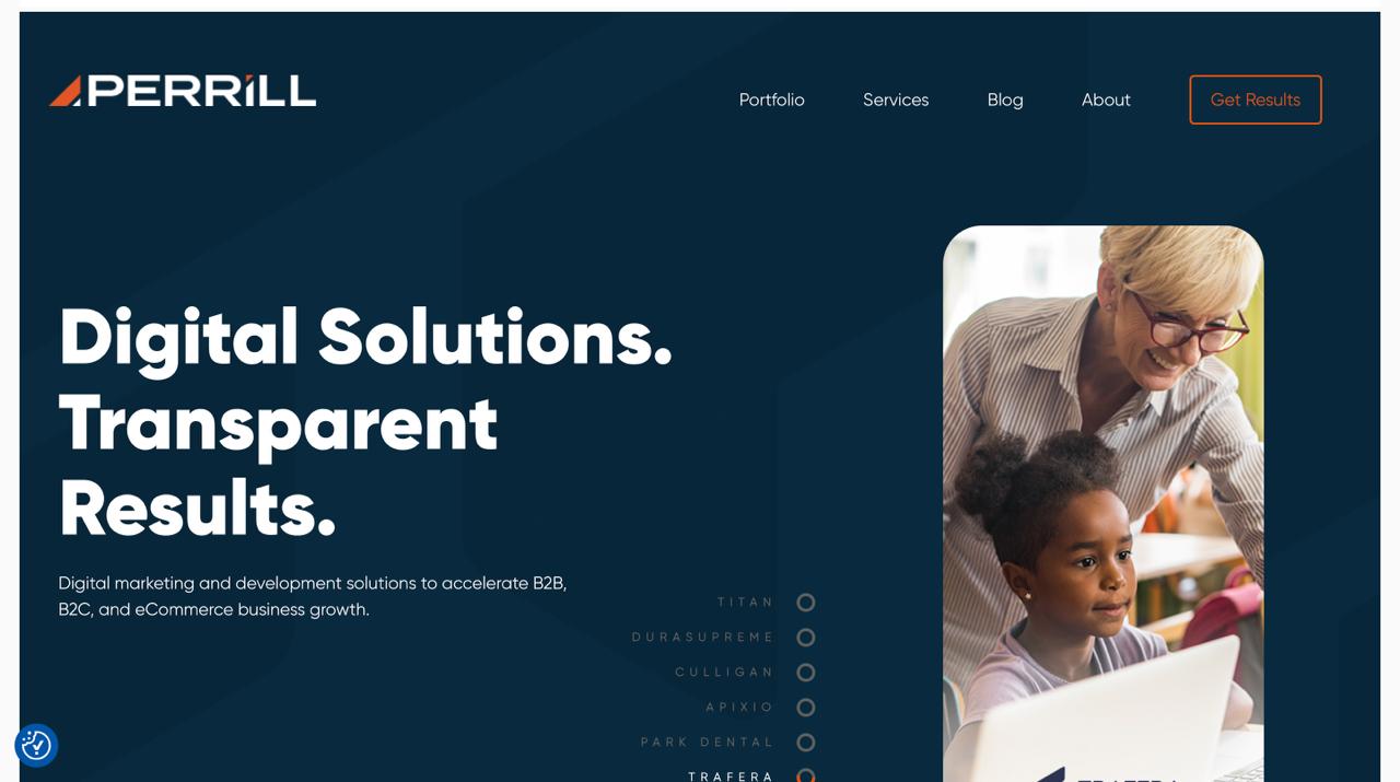 Perrill generative engine optimization services homepage displaying enterprise-grade AI SEO solutions and custom ChatGPT visibility strategies for large organizations
