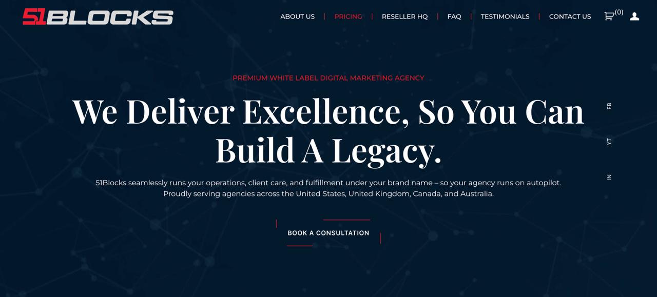 51Blocks white-label services homepage offering answer engine optimization and AI search strategies for digital agencies and marketing resellers