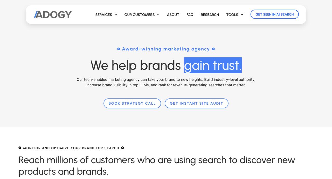 Adogy digital marketing homepage highlighting quick-win methodology and generative engine optimization strategies for startups seeking rapid results