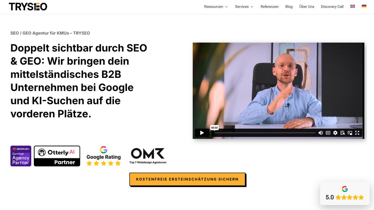 La page d'accueil de TRYSEO présente les services d'optimisation LLM et d'optimisation des moteurs de réponse pour les entreprises B2B de taille moyenne dans toute l'Allemagne.