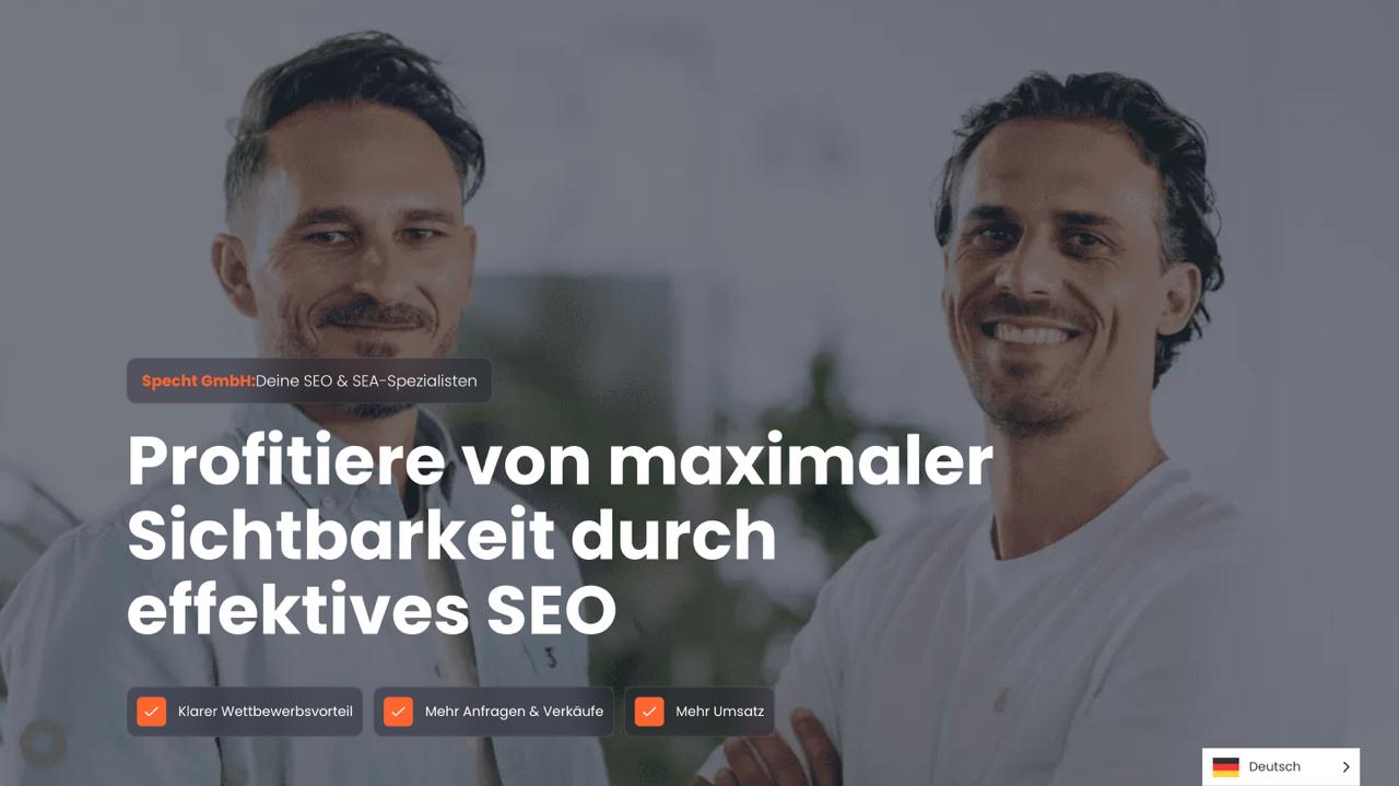 La page d'accueil de Timo Specht GmbH met en avant le référencement local de Munich combiné à la visibilité de la recherche AI dans Google AI Overviews et ChatGPT pour les entreprises régionales.