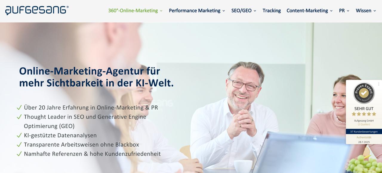 La page d'accueil d'Aufgesang présente les services pionniers de LLMO et la gestion de l'autorité numérique pour les meilleurs résultats AI SEO Allemagne depuis 2023.