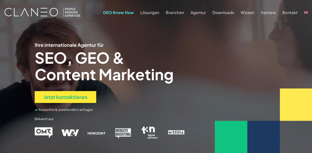 La page d'accueil de Claneo affiche les capacités de l'agence de référencement IA de l'Allemagne à l'échelle de l'entreprise avec 75 experts spécialisés dans l'optimisation de ChatGPT et de Perplexity.